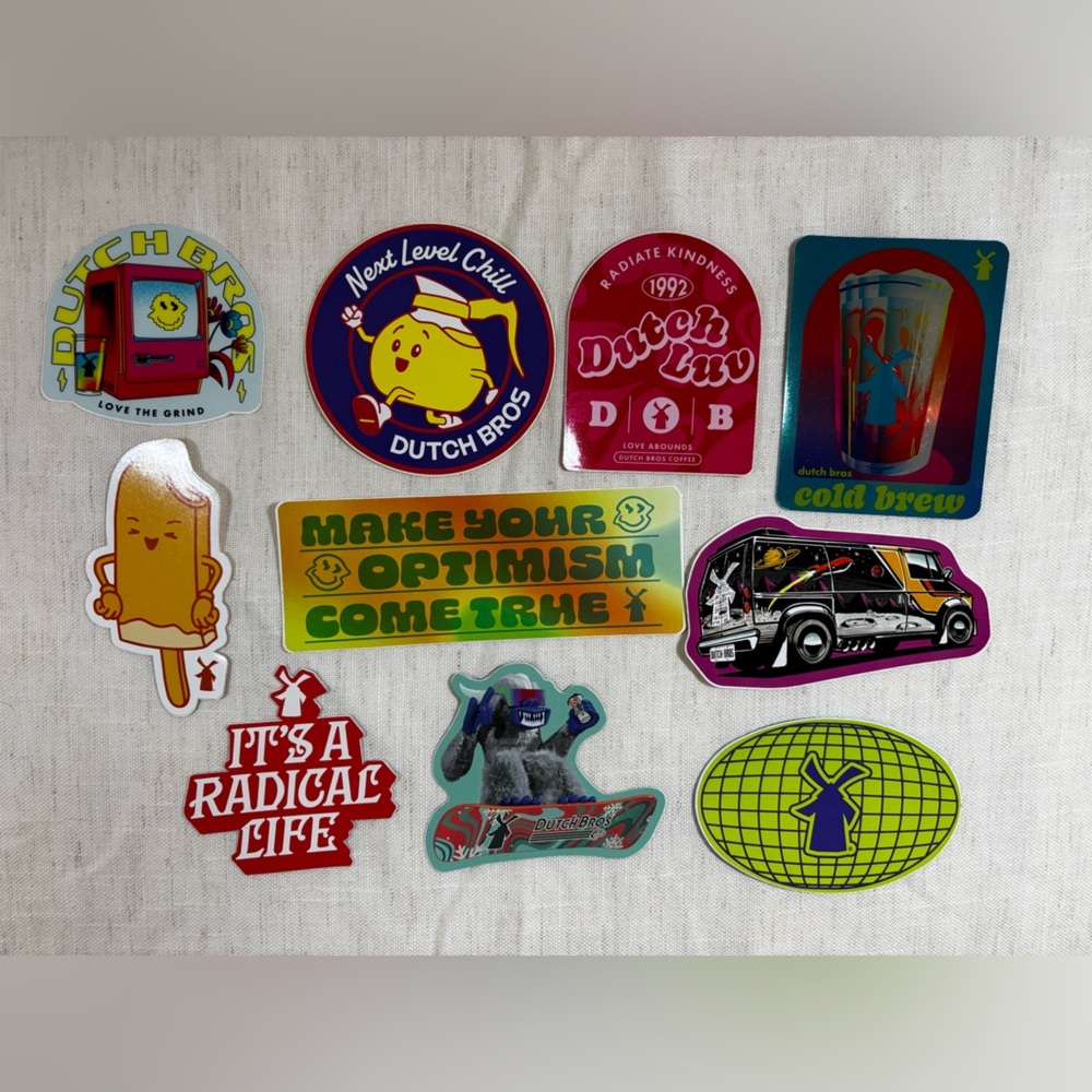 Lot of 10 Dutch Bros Stickers Coffee Logo Van Cold Brew Retro Collectible Decals